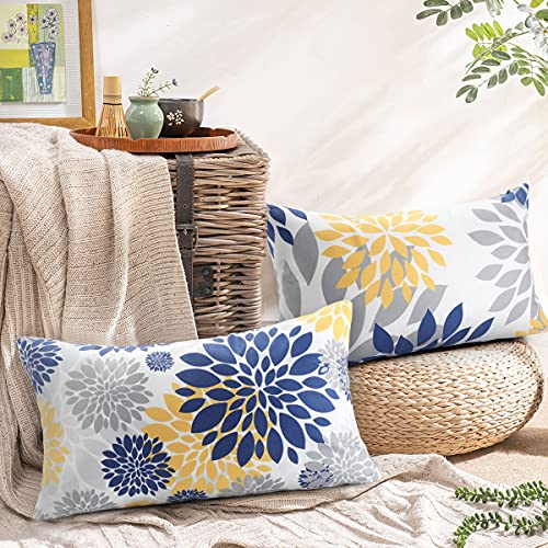 Hanrunsi 12X20 Throw Pillow Cover Blue And Yellow Decorative Velvet Pillow Cover Set Of 4 Grey Flower Pillowcase For Bedroom Sofa Cushion #TOP4