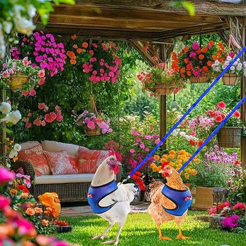 Image of 3 Pack Chicken Harness and Leash Set Adjustable Hen Vest with Matching Belt Breathable Mesh Training Harness Pets Leash for Hens Duck Goose Small Pet-Green&Purple&Blue,S