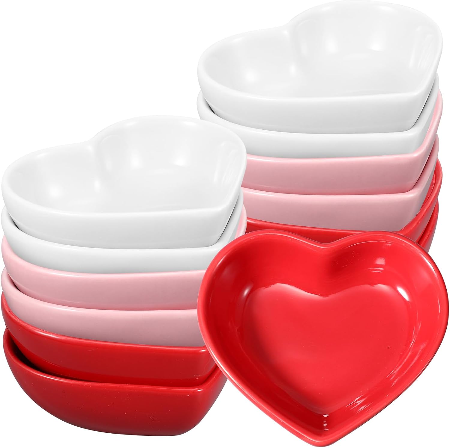 12 Pcs Heart Shaped Bowls Ceramic Dip Bowl Plates Multipurpose Salad Appetizer Plates Gifts for Candy Sauce Sushi Dipping Serving Wedding Anniversary Valentine's Day (Pink, White, Red)