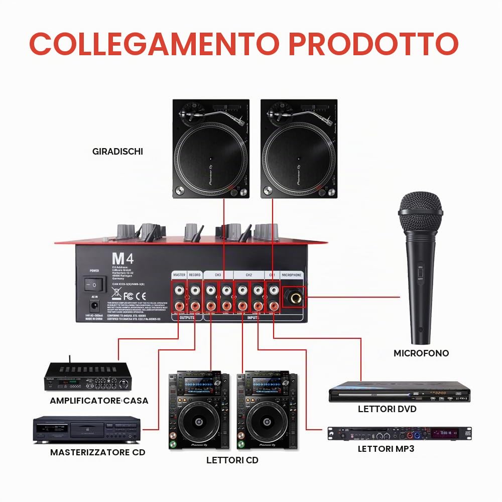 M4 - Console DJ a 4 canali (Rosso), Mixer audio con Bluetooth e USB, Crossfader, EQ a 3 bande, regolatore di guadagno e funzione Cue-Monitor - Soundboard professionale per festa, club, karaoke