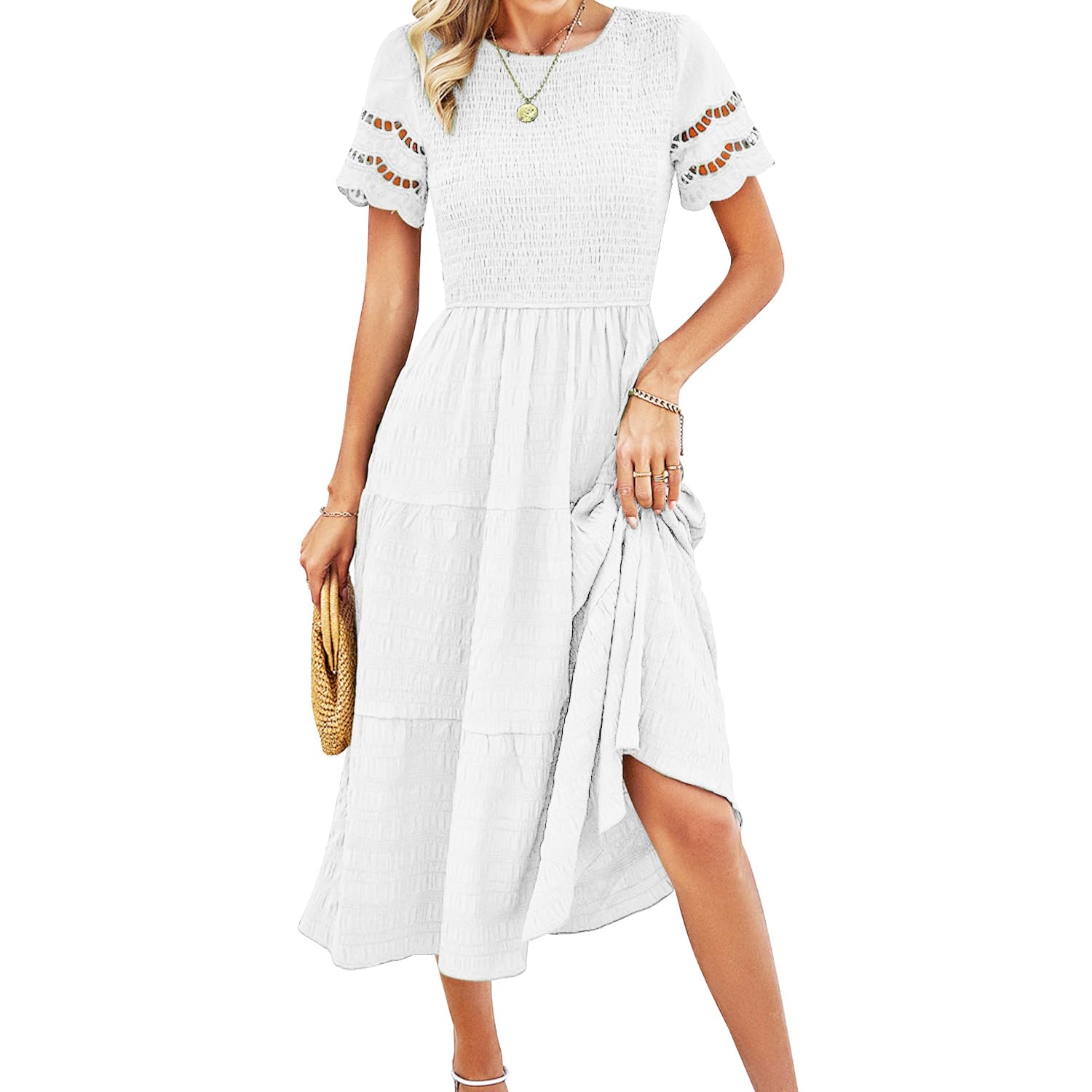 EYYECAN Damen-Sommerkleid, lässig, V-Ausschnitt, Rüschenärmel, gesmokt, hohe Taille, Midi-Kleid