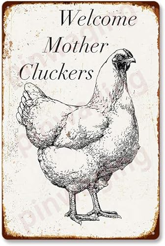 PINWAGING Letrero de metal de arte moderno, bienvenido a la madre cluckers, póster retro de barra de metal para decoración del hogar, 12 x 8 pulgadas