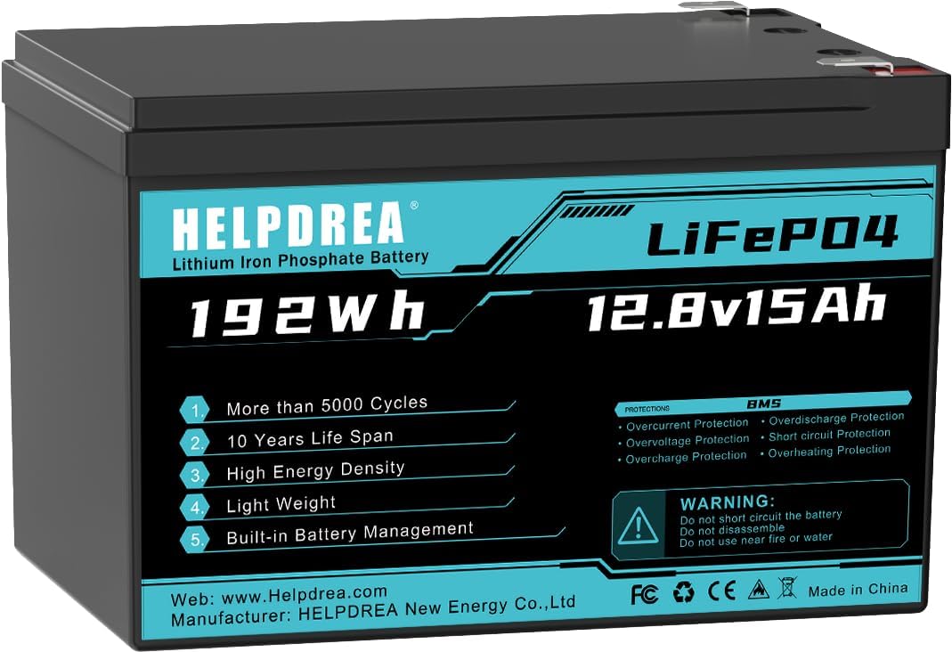 12V 15Ah LiFePO4 Battery – 2000+ Cycles, 20A BMS, IP65 Waterproof – Ideal for Solar, Camera, Fish Finder, Lighting, Camping, RV, Trolling Motors, Lighting