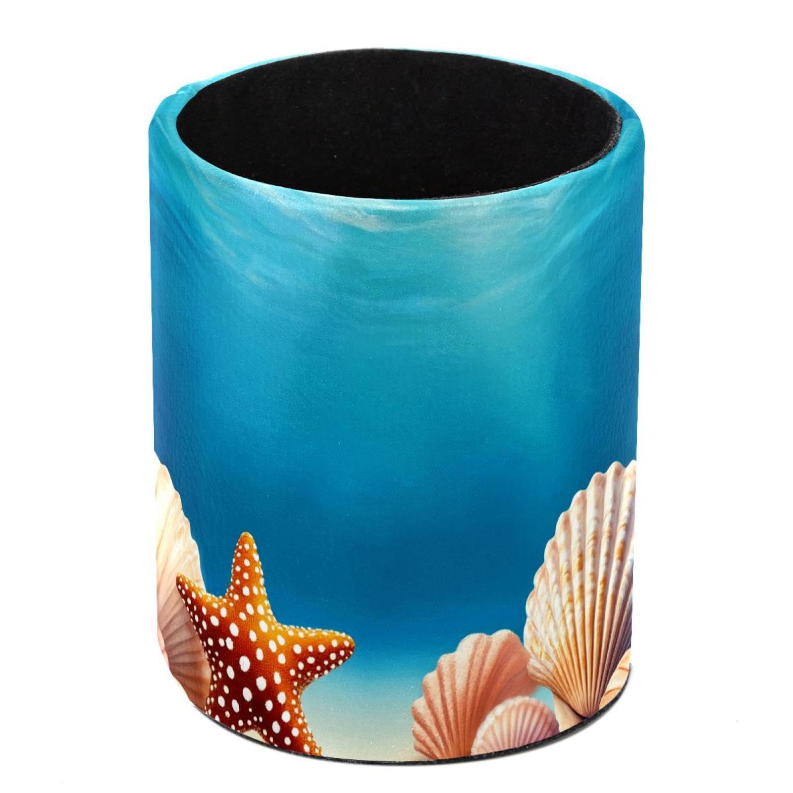 HEOEH Starfish Seashells Pen Holder for Desk, PU Leather Pencil Holder Pen Cup Marker Holder Makeup Brush Holders, Desk Accessories & Workspace Organizers for Home, Office