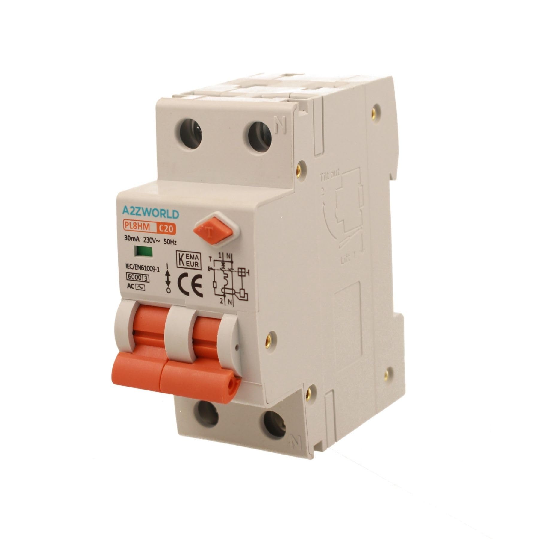 Interrupteur magnétothermique différentiel double levier 30 mA 20 A C20 230 V, RCBO Type AC Courbe C, 1P+N 6 kA 30 mA, 2 modules DIN