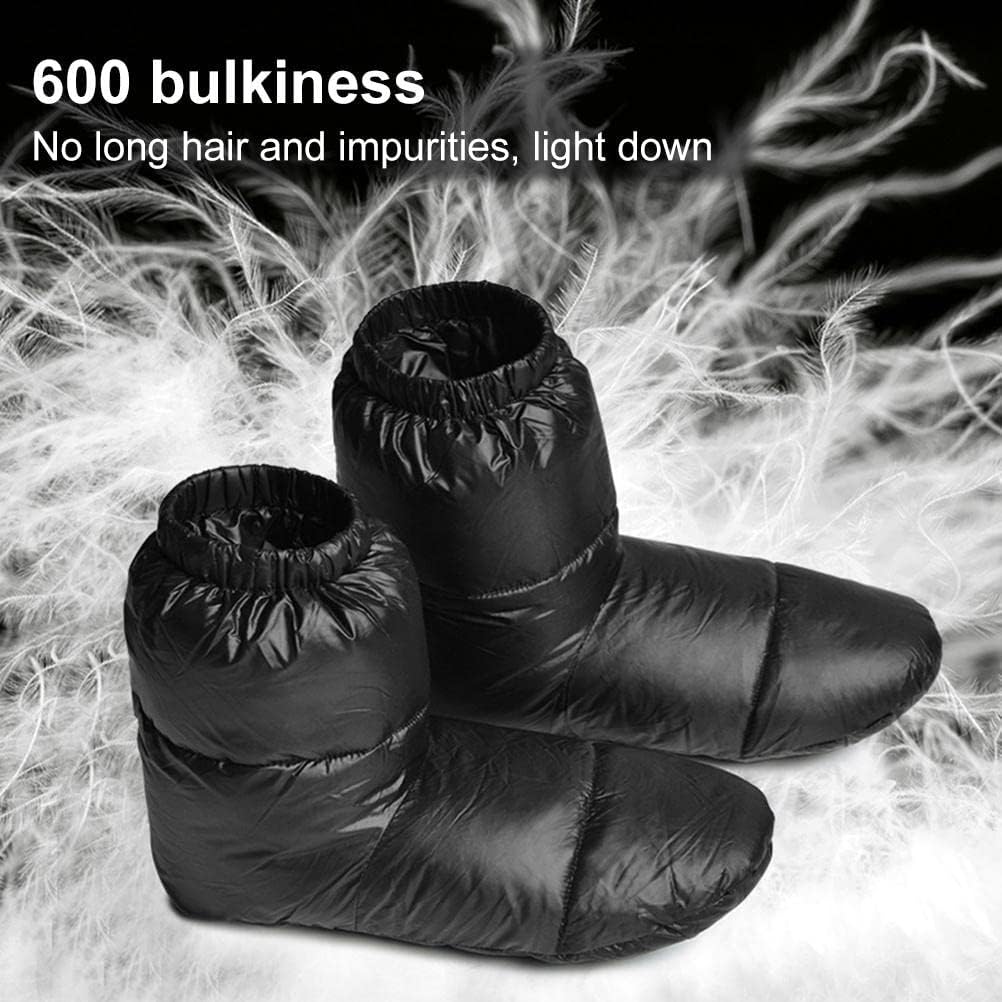 Down Booties for Men and Women, 90% White Duck Down Filled Socks with Drawstring, Lightweight Compressible Foot Warmers for Indoor Outdoor Camping, Black