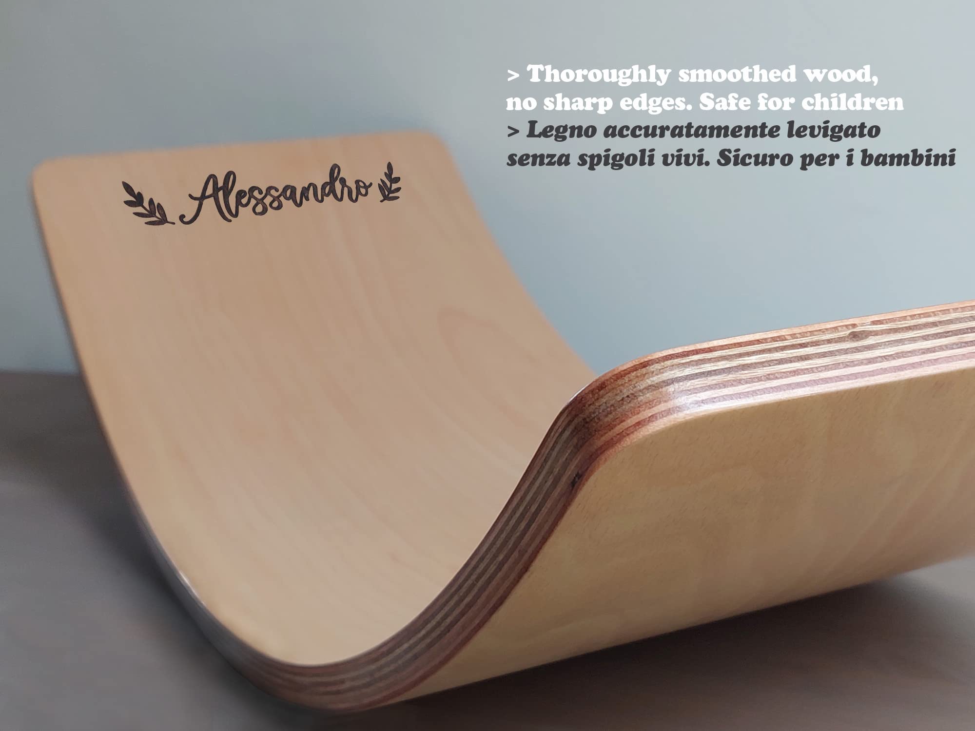 Handmade Balance Board Montessori personalizzata con nome bambino inciso al laser, Tavola Curva in legno 80x30 cm Tavoletta D'equilibrio per Bambini