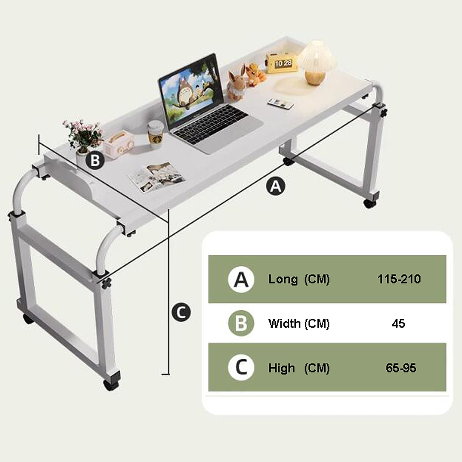 Mesa de cama ajustable con ruedas para laptop, mesa de noche ajustable en altura y longitud con ruedas, almacenamiento práctico, perfecto para el trabajo y el ocio (acabado de madera)