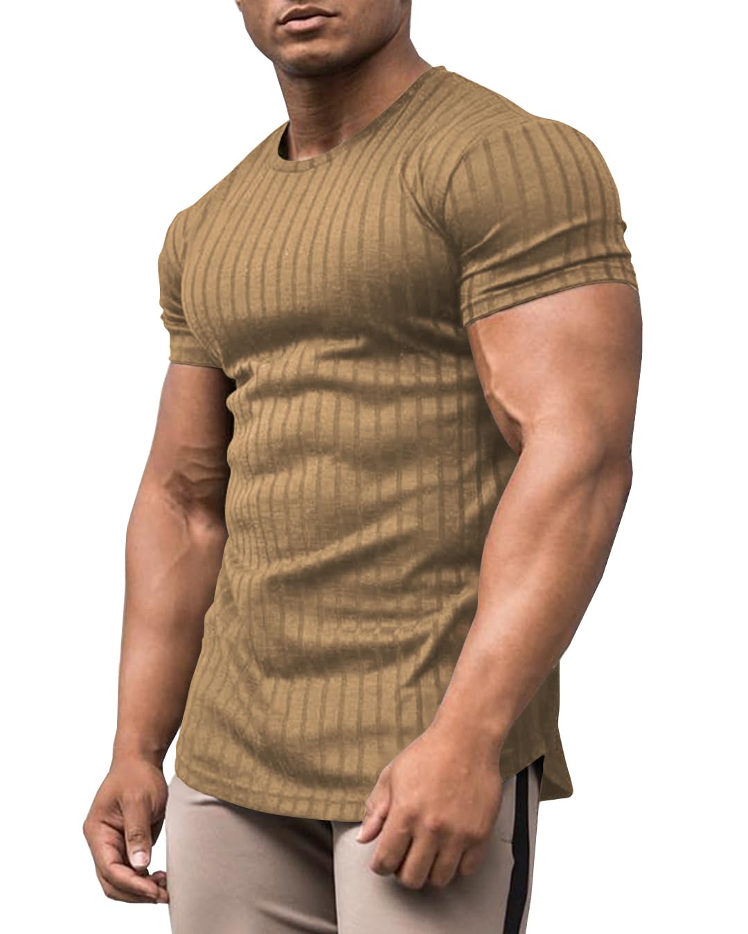 URRU T-shirt extensible à manches courtes pour homme - Coupe ajustée, kaki, Taille L