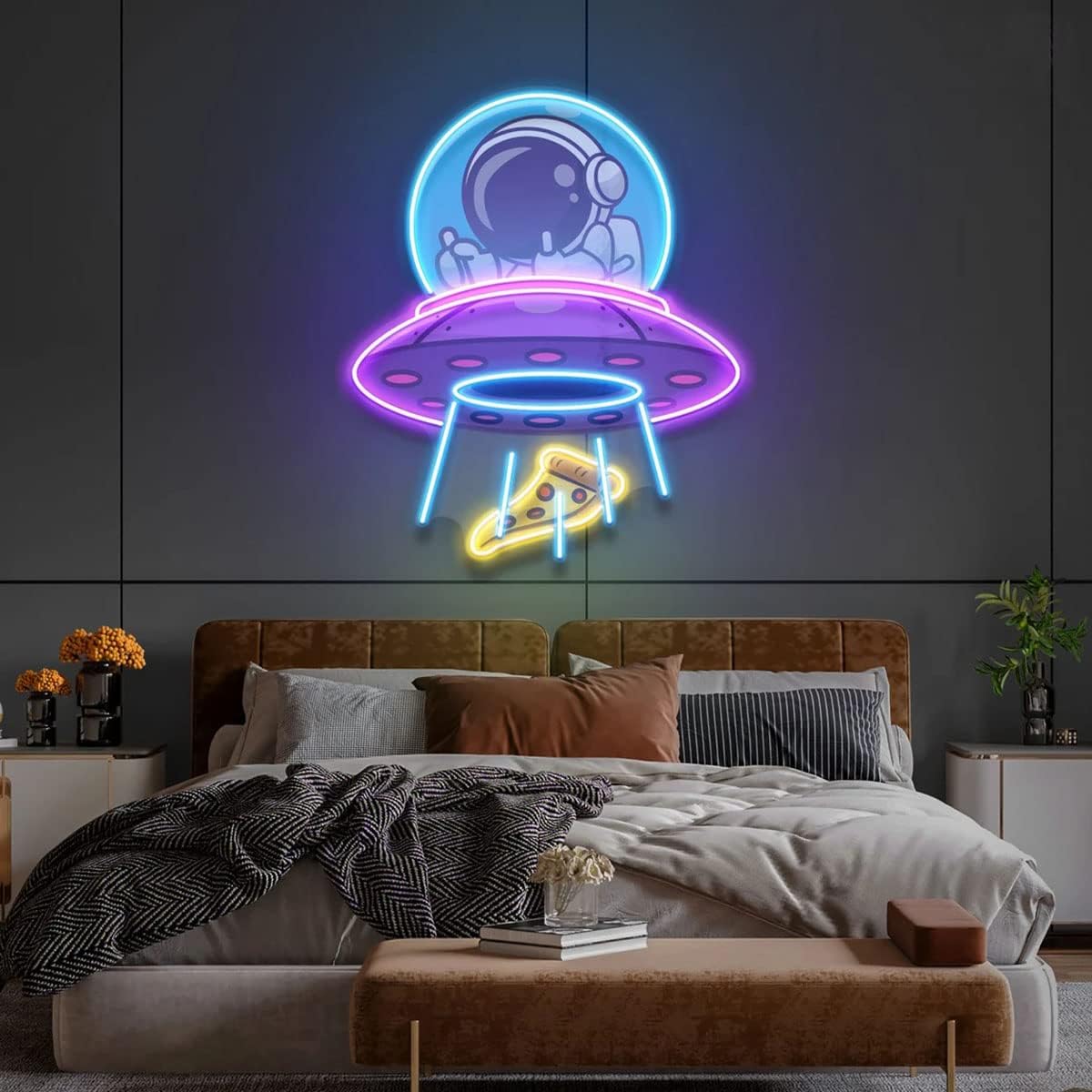 UFO Astronaut Pizza Neon Signs 19.7" Led Space Astronaut Neon Signs for Wall Decor Restaurant Game Room Bedroom Party Decoration Light Sign