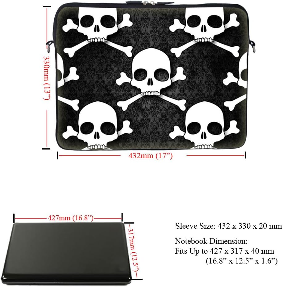Neoprene Laptop Carrying Case Sleeve Bag w. Hidden Handle & Eyelet (D-Ring) for 17 17.3 Inch Notebook - Hazard Skull Design