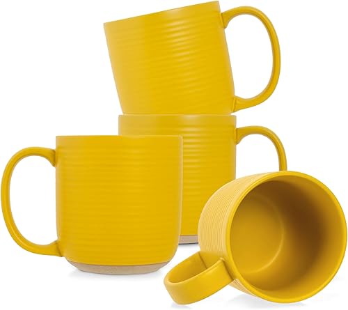 Elanze Designs Juego de 4 tazas de café de cerámica acanalada con fondo de arcilla cruda de 16 onzas, color mostaza