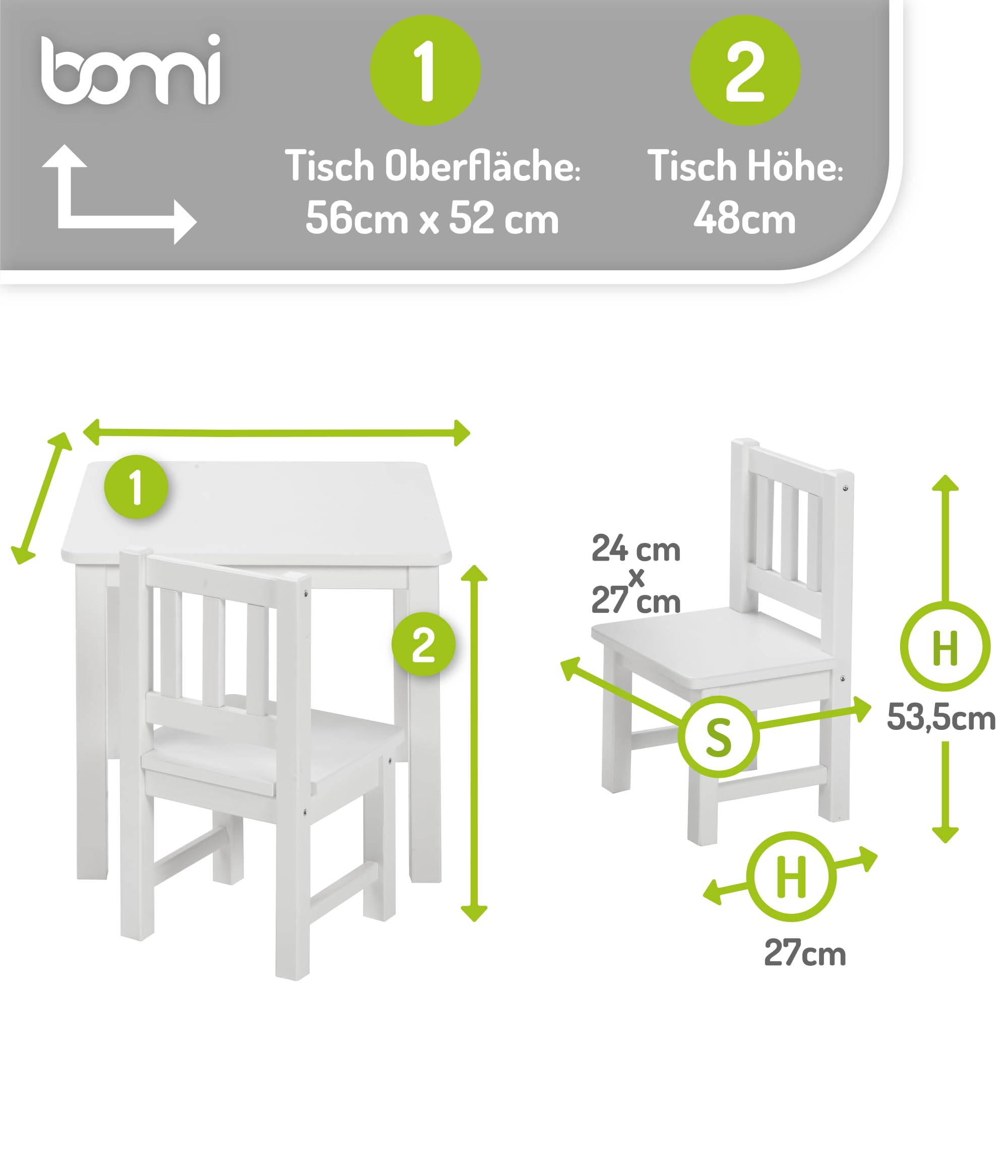 Bomi Spielsitzgruppe 4 Stühlchen Baby mit Tisch | Amy aus FSC nachhaltigem Kiefer Massiv Holz | Kinder Möbel Mädchen und Jungen | Sitzgruppe in Weiss