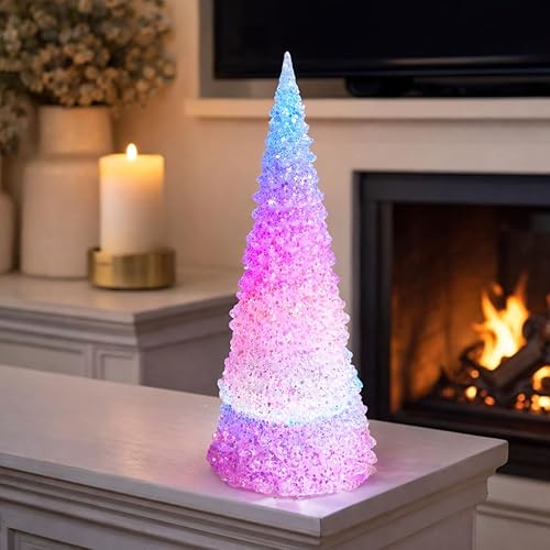 MOMENTS IN TIME Árbol de Navidad acrílico que cambia de color con luz LED, decoración navideña de mesa, funciona con pilas, efecto de cristal,