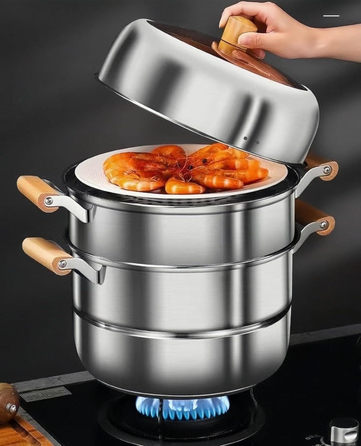 Amazon | 【Wixero】ガラス蓋付きステンレス蒸し器 二段・三段・四段