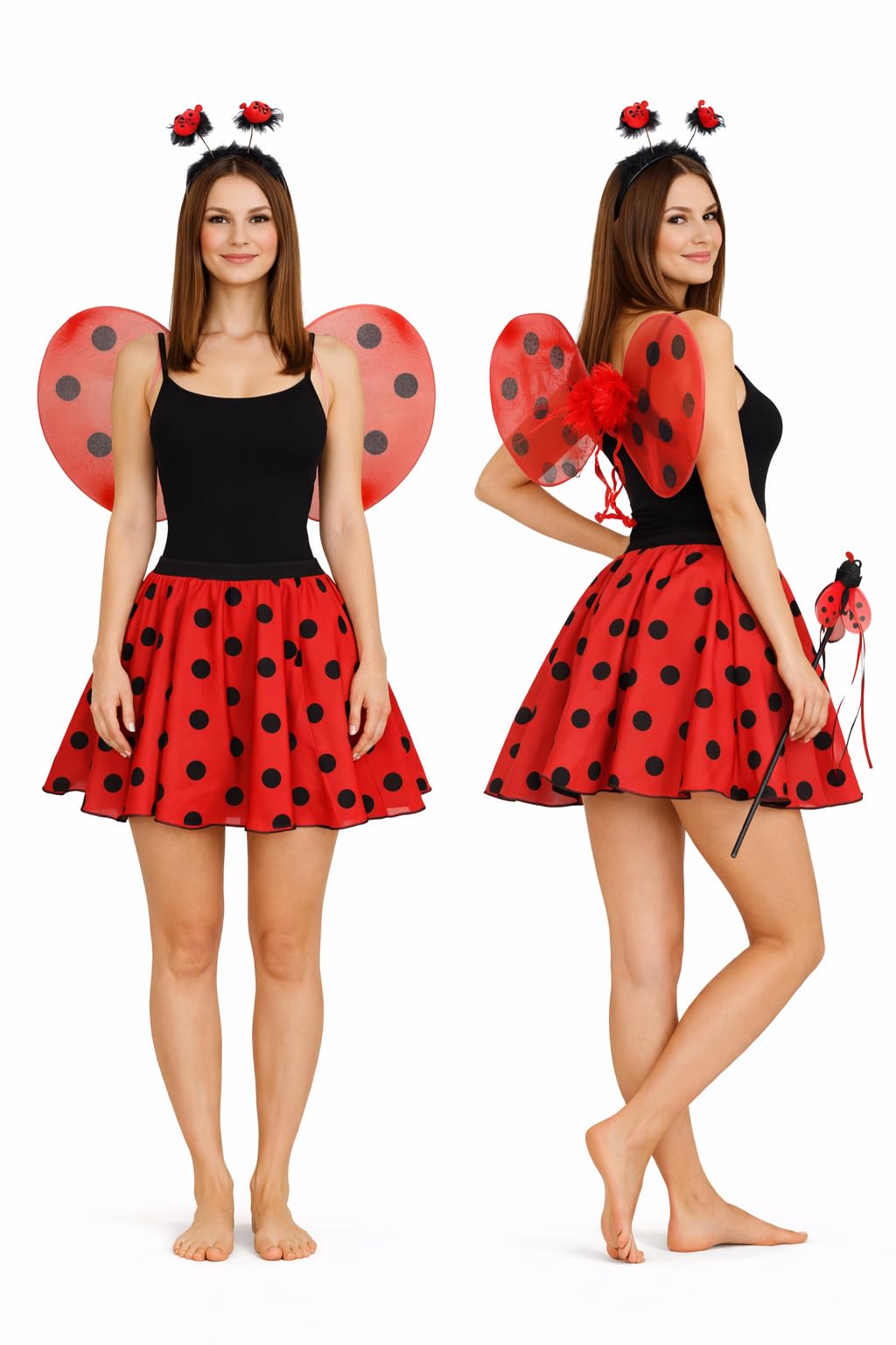 The Dragons Den Adults Ladybird Lady Bug Red & Black Polka Dot Skirt & 3 Piece Wings Set World Book Day Insect Fancy Dress [XS]
