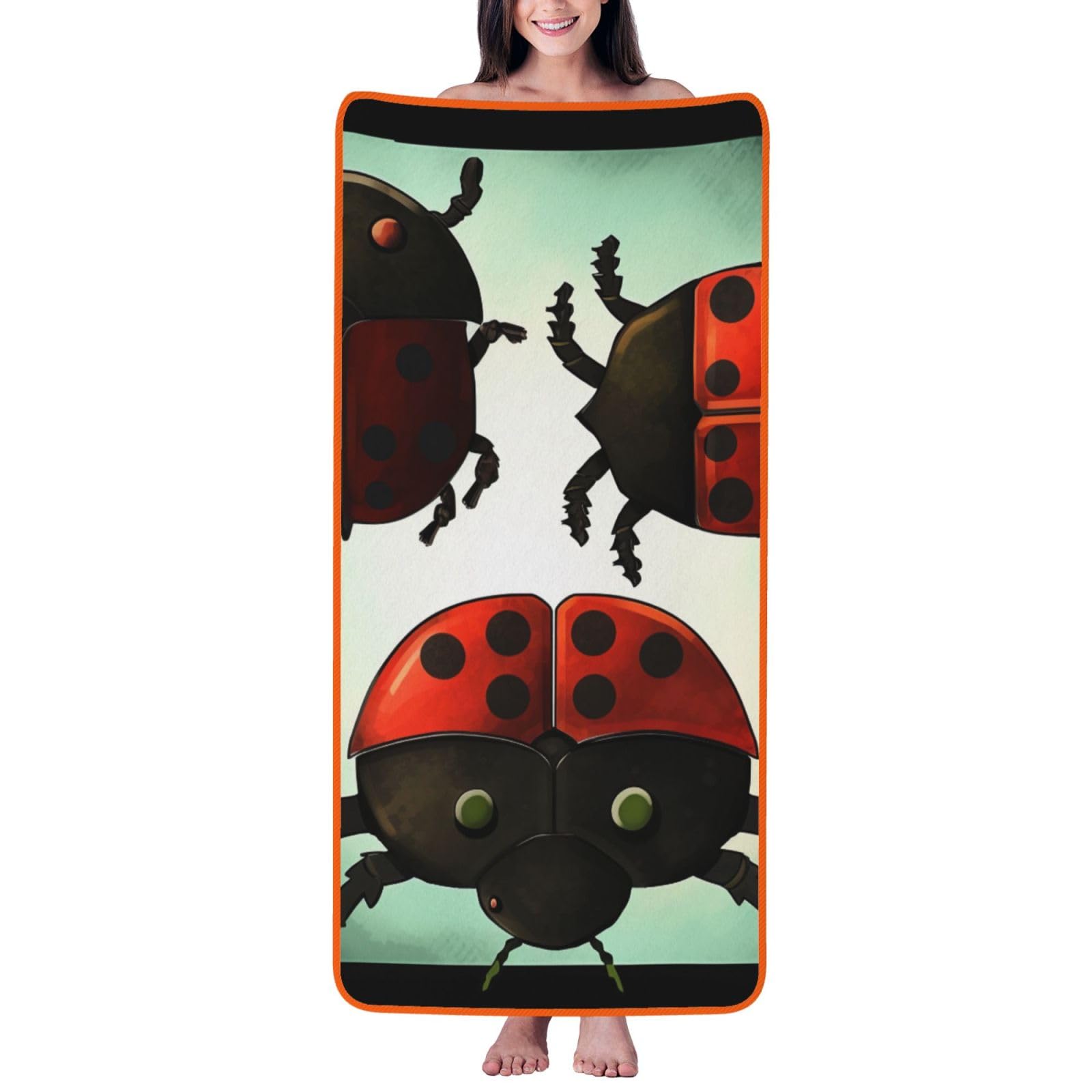 WPKJU Ladybug Cartoon Printed Bath Towel with Orange Edging - 27x55 in Soft Extra Absorbent Coral Velvet Shower Towels for Bathroom