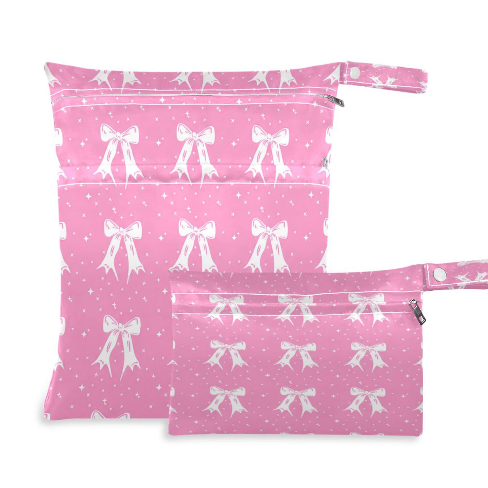 ATTX White Bows Wet Dry Bags 2-Pack - Reusable Cloth Diaper Storage for Travel, Beach & Gym | Multi-Use Waterproof Bags for Swimsuits, Baby Clothes, Sports Gear#97