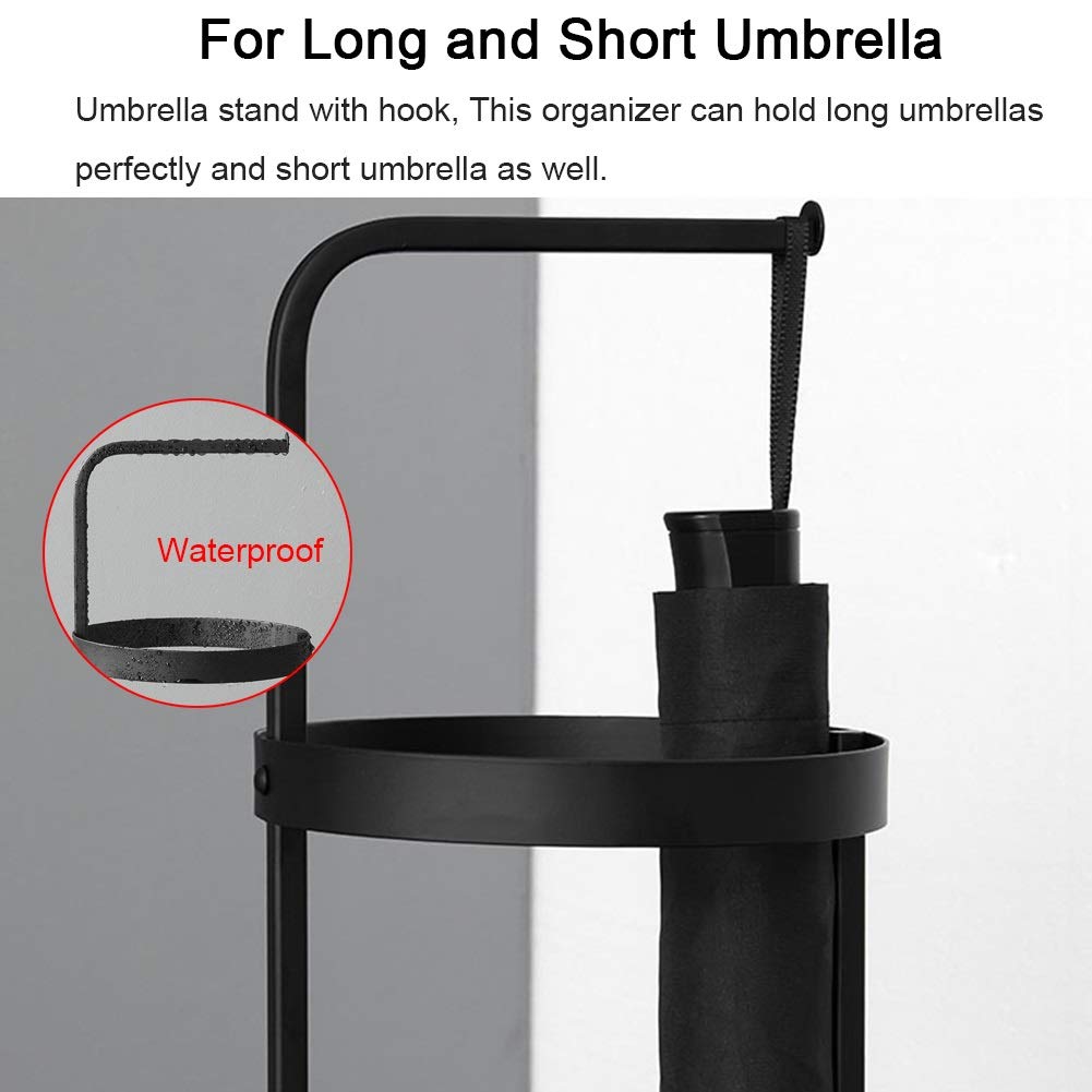 Nizer Porte-parapluie et canne en métal noir sur pied pour parapluies longs et courts avec crochets