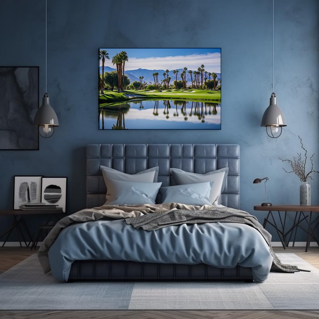 Canvas for Living room. Serenity on the Greens: An Oasis of Calm Against a Mountain Backdrop, 27 x 18 inch Canvas Wall Art - Ready to Hang