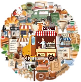 50 Pcs Cute Coffee Shop Stickers, Waterproof Vinyl Cafe Decals, Hand Drawn Coffee Cup Dessert Decor Stickers for Journals Water Bottles Laptops Luggage