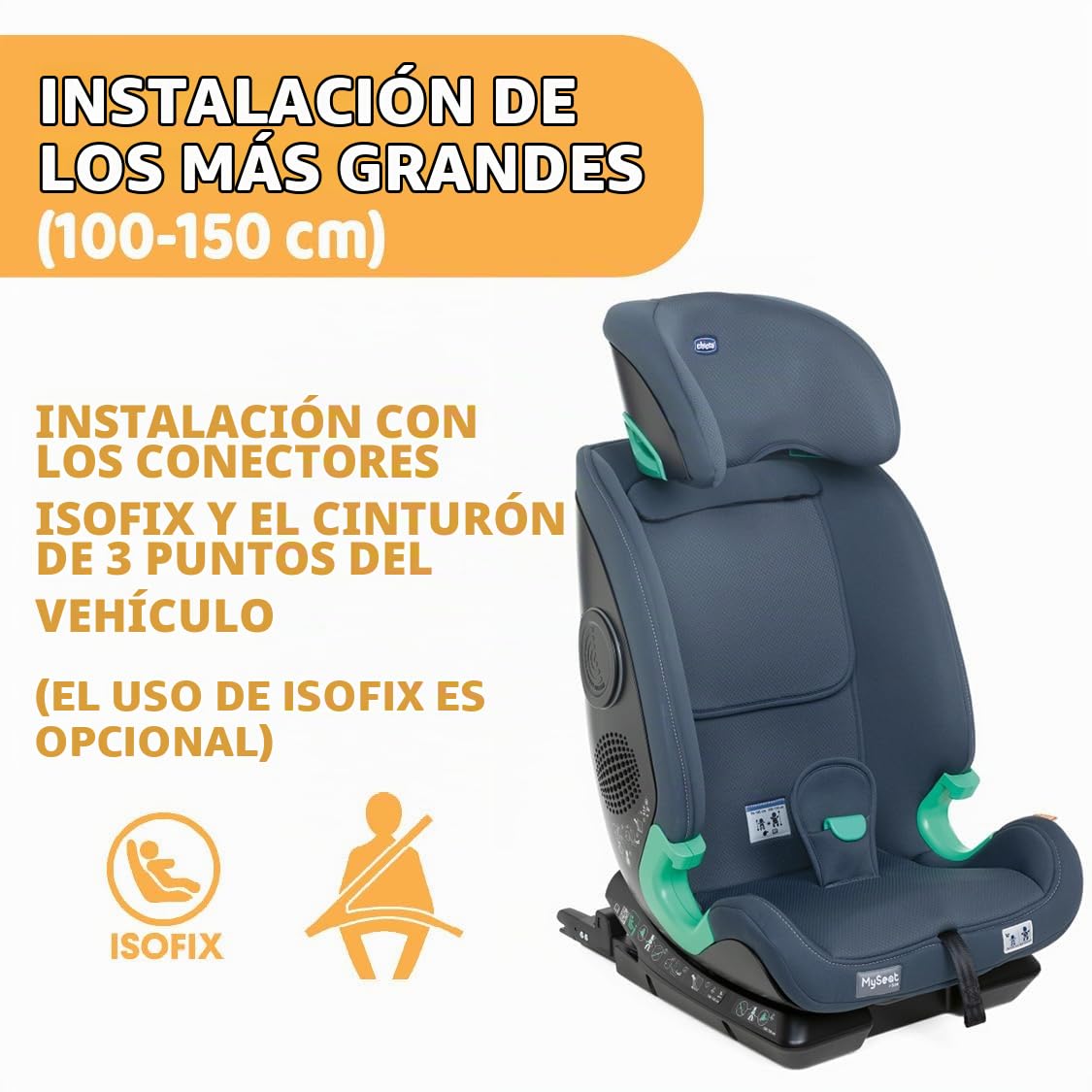 Chicco My Seat i-Size Silla de Coche ISOFIX para Niños de 76 a 150 cm, Evolutiva para Bebés de 15 meses a 12 años, Grupo 1, 2, 3, Reposacabezas Ajustable y Protección Lateral, Gris