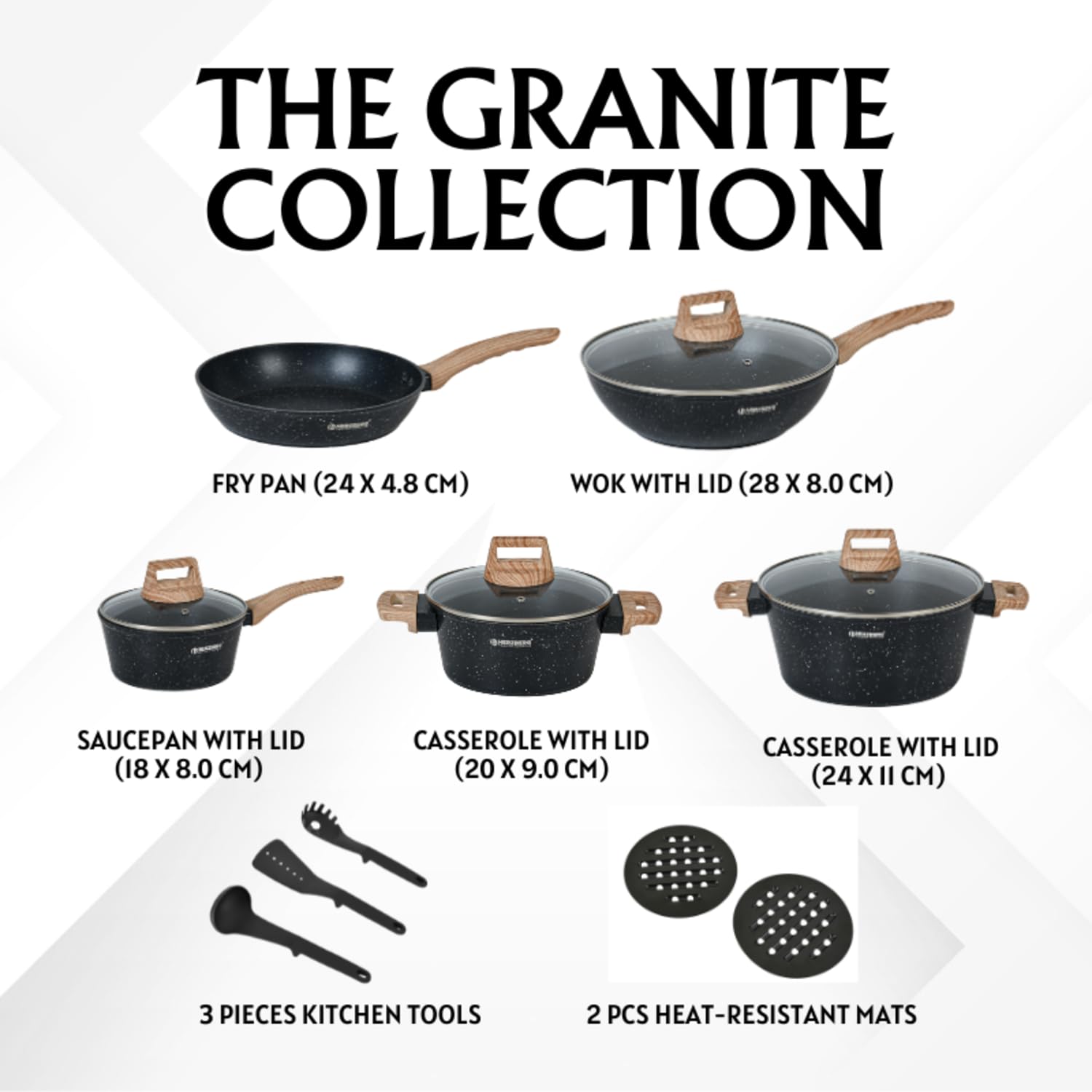 Herzberg - Batería de Cocina 14 Piezas, Revestimiento Granito, Aluminio Forjado, Mangos de Madera, Compatible Inducción, Tapas de Vidrio, Utensilios Incluidos, Negro
