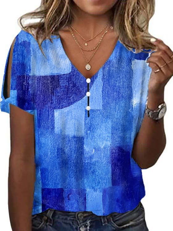 Women Casual Summer Boho Tops V Neck Loose Printed Short Sleeve Floral Blouses Cold...