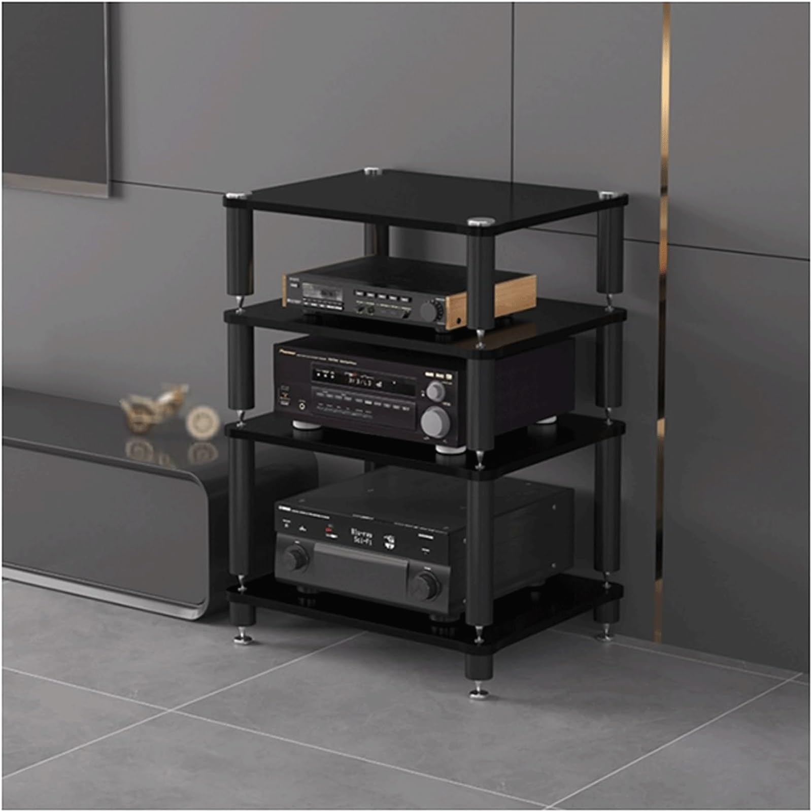 Support audio haute fidélité, support d'équipement stéréo à 4 niveaux, double largeur, finition noire durable, organisation du matériel audio, parfait pour les amateurs de musique