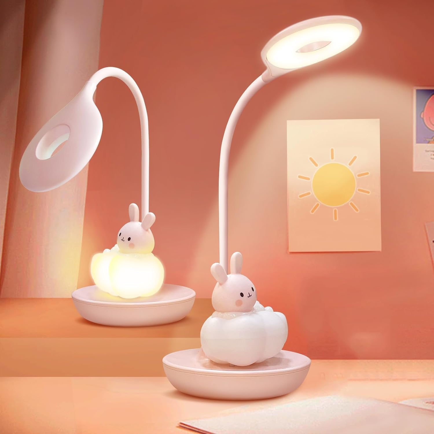 Lampe de bureau LED en forme de lapin rose avec col de cygne flexible