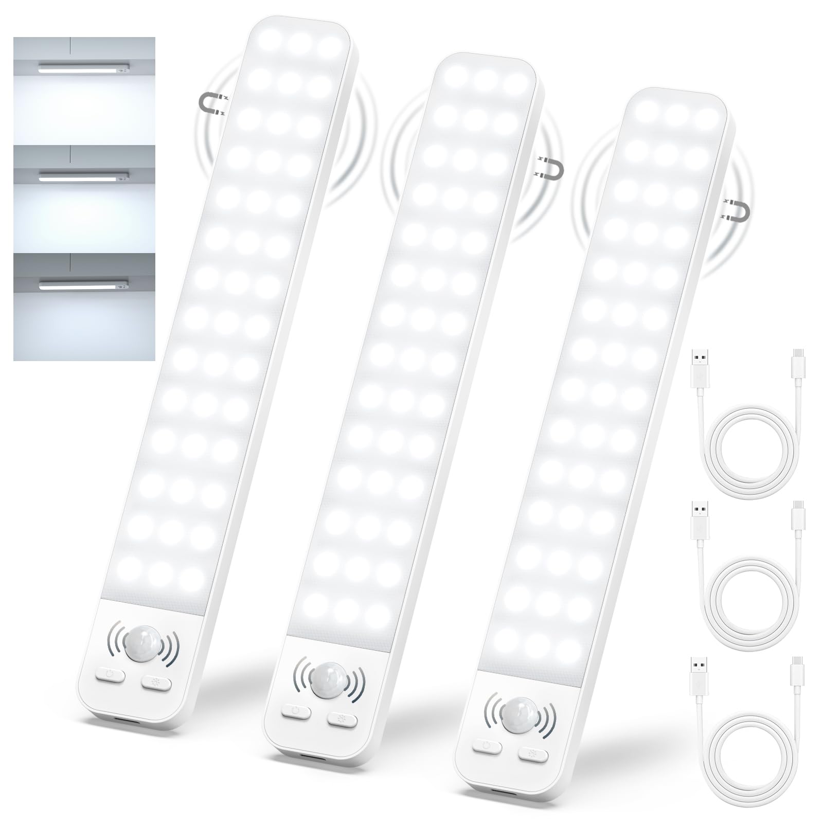 Ylatoial 6500K Under Cabinet Kitchen Lights, 25Cm 2000Mah Cupboard Lights Motion Sensor Indoor Brightness Adjustable Cabinet Lighting Usb Rechargeable Wardrobe Light Magnetic For Stairs Hallway -3 Pack