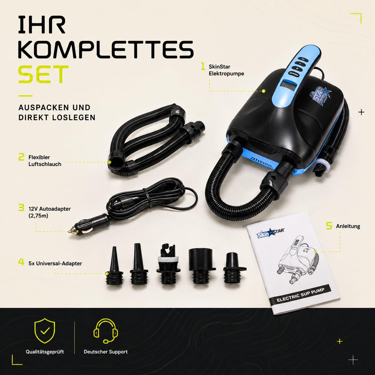 SkinStar elektrische SUP Board Pumpe Luftpumpe Kompressor Stand Up Paddle | Bis 20 PSI, automatischer Stopp, 2-Stufen-System, Abpumpfunktion, 12V Autoadapter 2,75 m, 5 Adapter, deutsche Marke