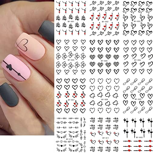Valentines Day Nail Art Stickers Decals Black Graffiti Love Heart Water Transfer Slider English Letter Stickers Valentine's Sliders Nail Art Decoration 2023 Manicure Tips 12 Sheets (C) #TOP11