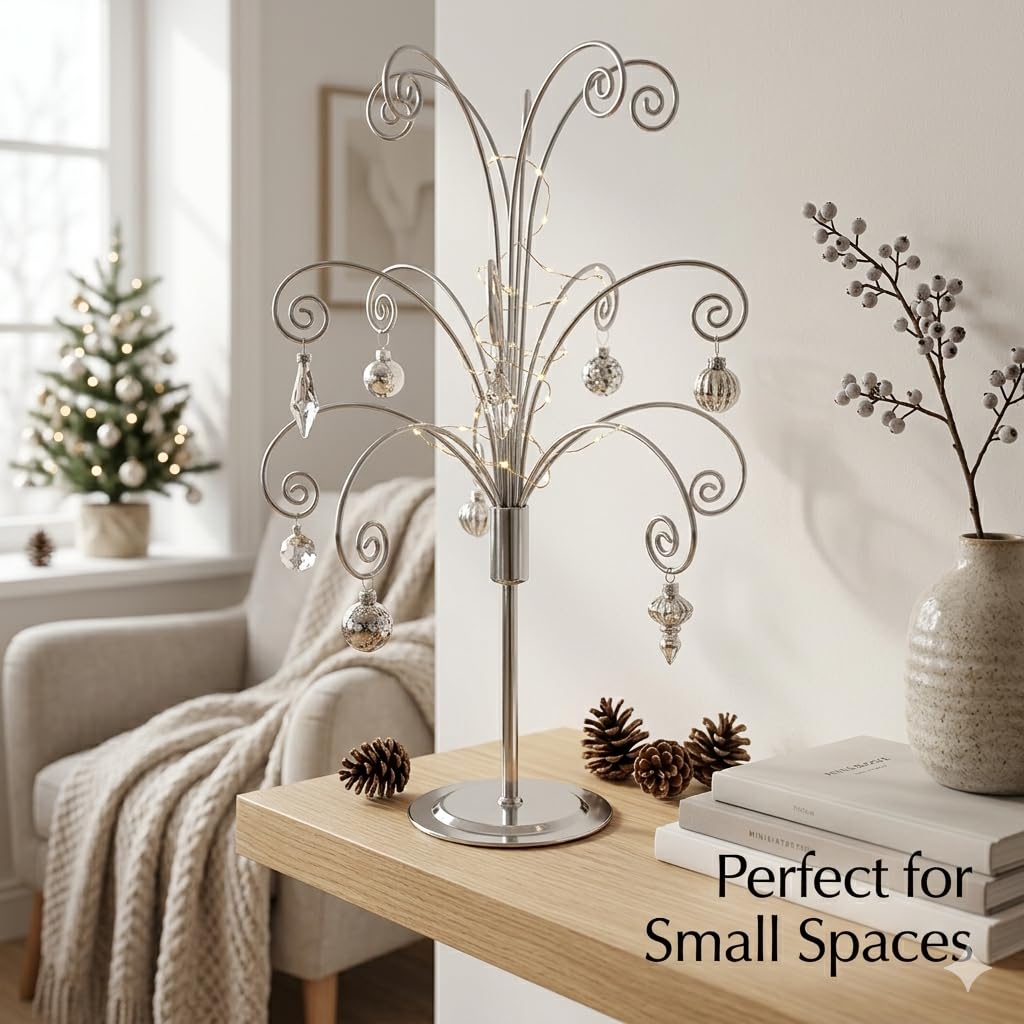 HOHIYA 50 cm Ornament Präsentationsständer Metall mit 15 Haken Silber | Eleganter Metallständer für Kristall-, Glas- und Weihnachtsornamente mit stabiler Basis für stilvolle Dekoration.