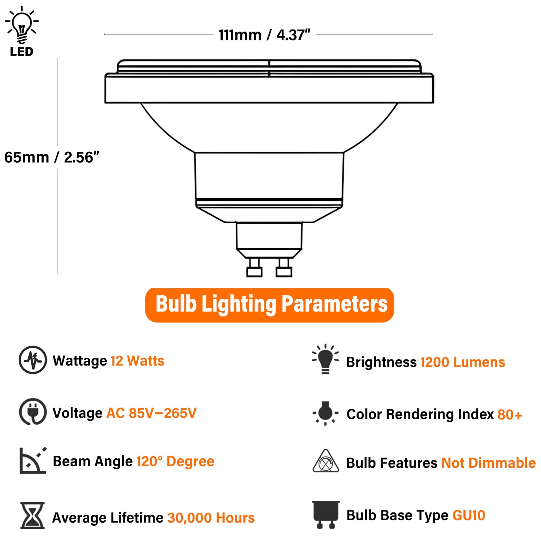 AR111 Bombillas LED GU10 Reflector Luz de inundación 12 vatios COB 1200 lúmenes (Equivalente a 100 W) Ángulo de Haz de 120 ° Foco AC 85-265 voltios no Regulable (Paquete de 6)