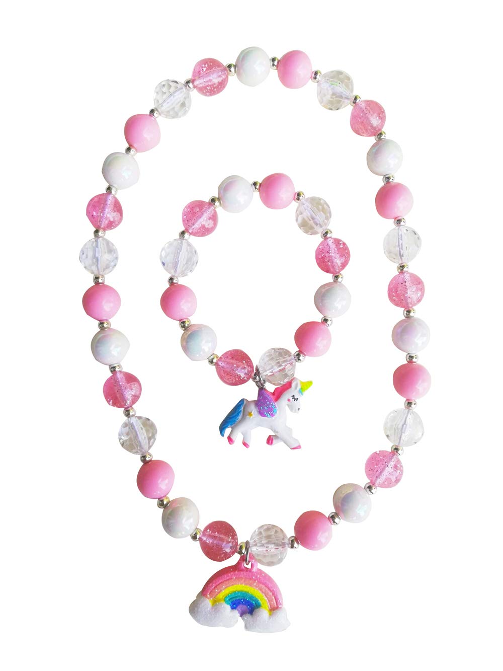 Lovely H StoneLittle Kids Unicorn Jewelry Set,Girls Rainbow Necklace Unicorn Bracelet Girl Party Favor Pretend Play Children's Jewelry Set (Pink)