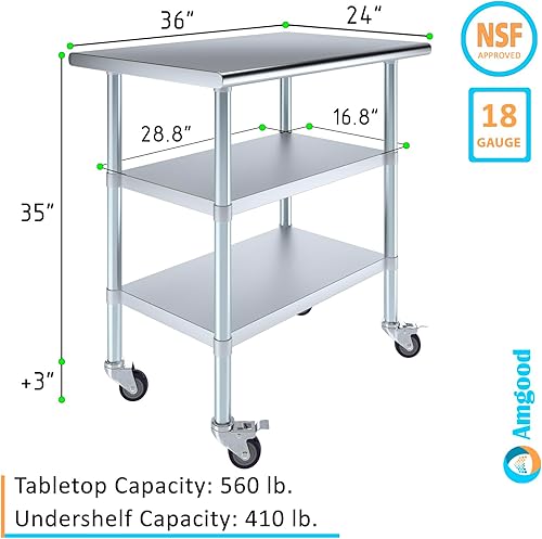 Miniatura 208 de AmGood Mesa de trabajo de acero inoxidable con 2 estantes y ruedas Mesa de trabajo de metal con ruedas