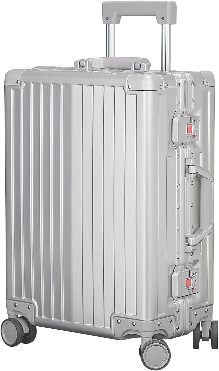 20-inch All-Aluminum Suitcase: Carry-on Silver - Crush-Resistant & Burst-Proof & Water Resistant - TSA Lock Spinner - Short International travel - Men Women