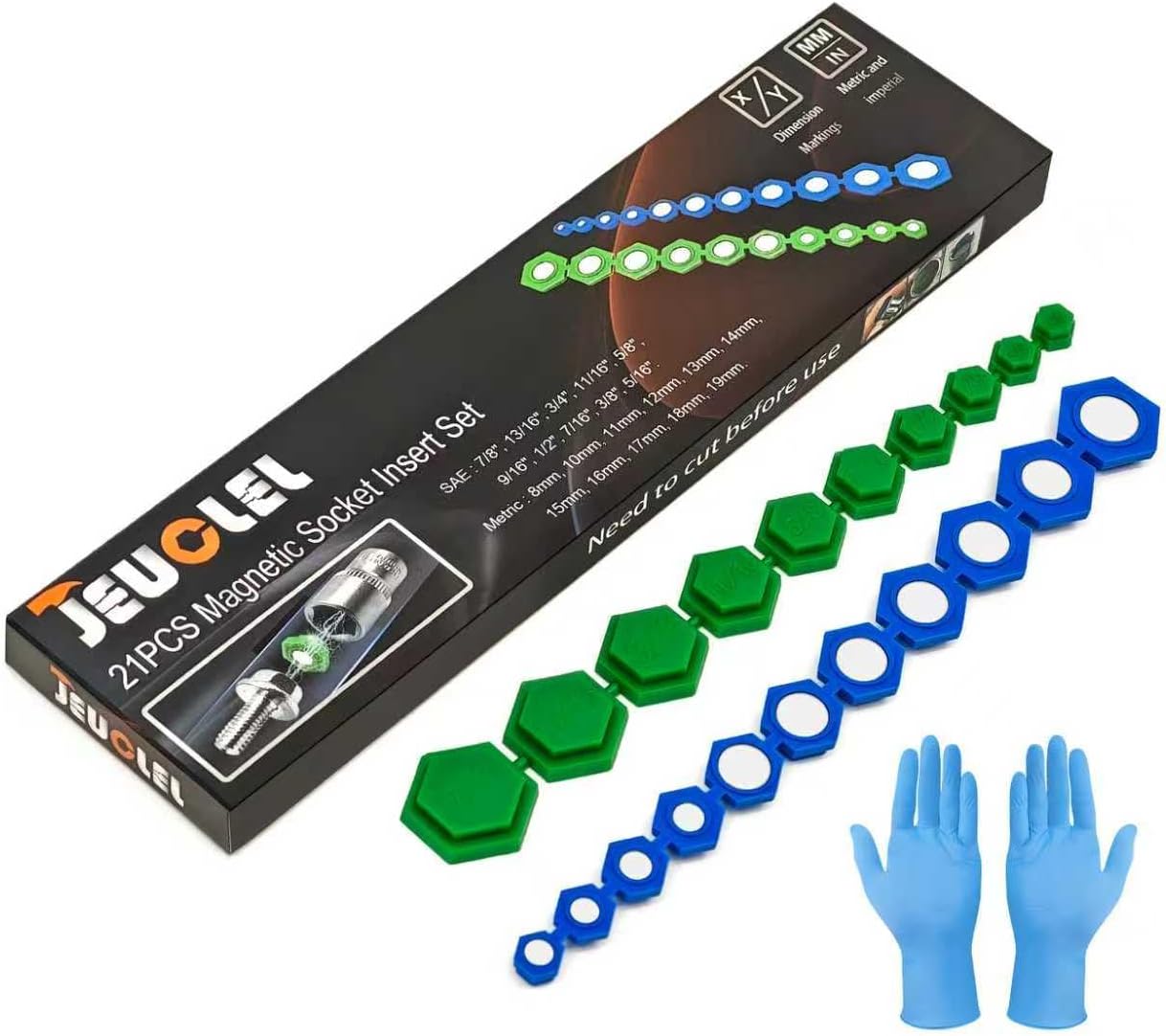 21PCS Magnetic Socket Insert Adapter Set with Hexagon Profile, 10 SAE Sizes (5/16-7/8 inch) and 11 Metric Sizes (8-19mm), for Efficient and Easy Work
