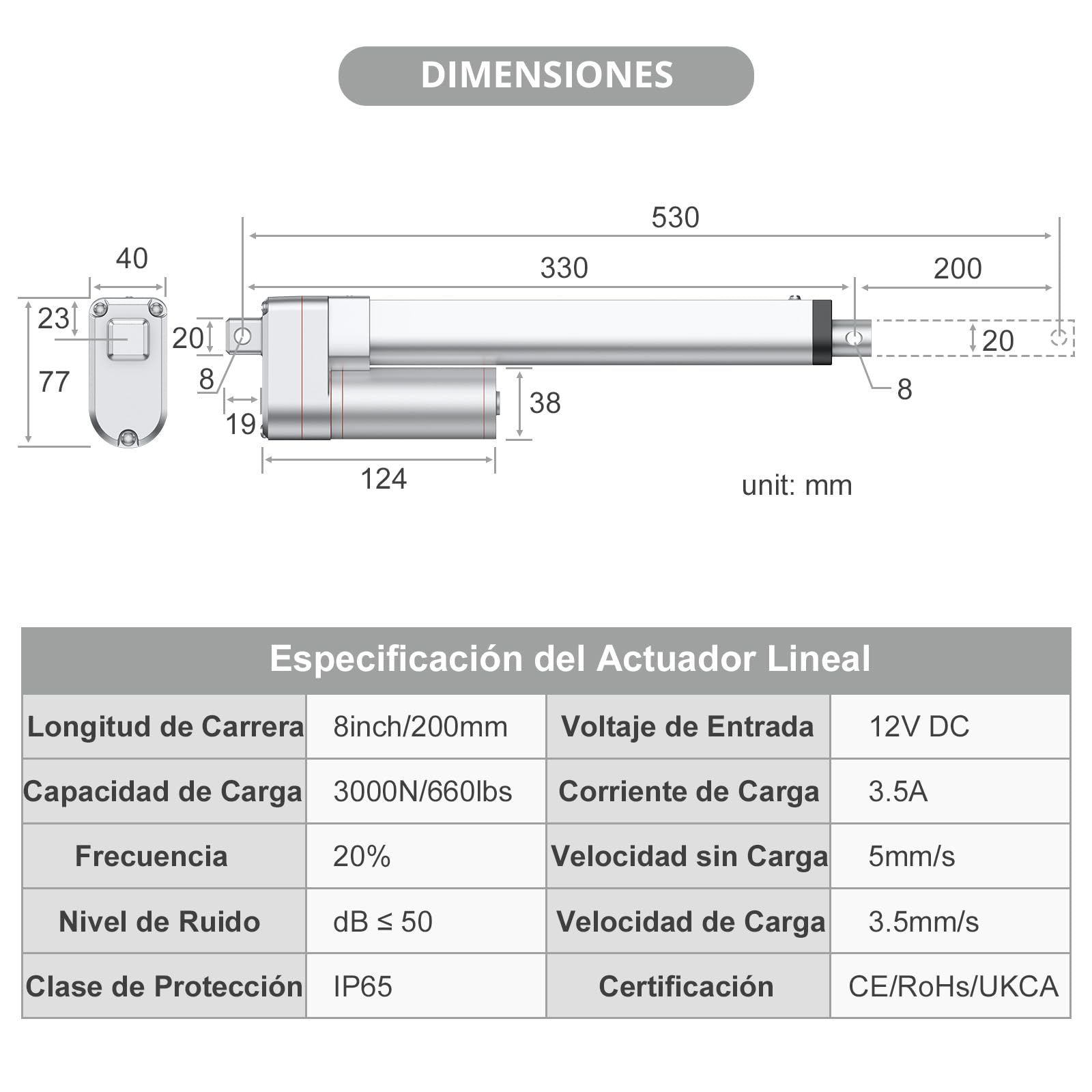 Justech Motor Actuador Lineal 250mm 12V DC 1500N 10mm/s IP65 Impermeable Aluminio Plateado
