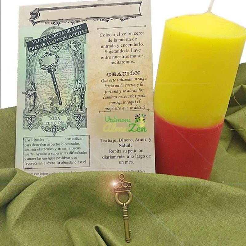 Velón para Abrir las Puertas Ritual Rayo de Fuerza con Llave Talismán Vela Amarillo y Rojo Buena Suerte Propósito Éxito Abundancia Camino al Éxito