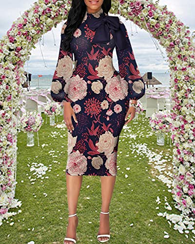 Image of Sexy Long Sleeve Dress for Women Solid Color Bow Knot Turtleneck Formal Gown Midi Casual Church Dresses