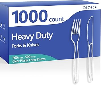 SACATR 1000 Count Plastic Silverware Heavy Duty - 500 Plastic Forks, 500 Plastic Knives, BPA-Free, Disposable Plastic Cutlery Set, Plasticware Suitable for Party Everyday Use