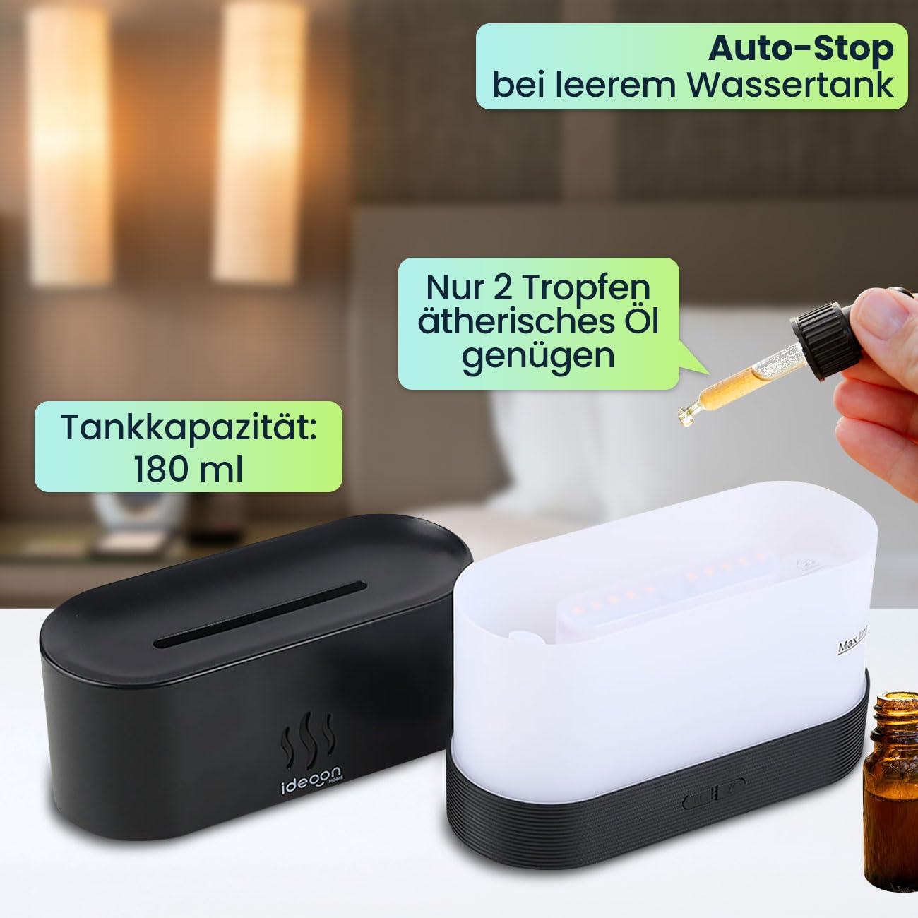 ideoon 2er-Set Stilvoller Aroma Diffuser mit Flammeneffekt – Ultraleiser Ultraschall Duftbefeuchter, USB, Auto-Stop, 10h Laufzeit für Schlafzimmer & Büro