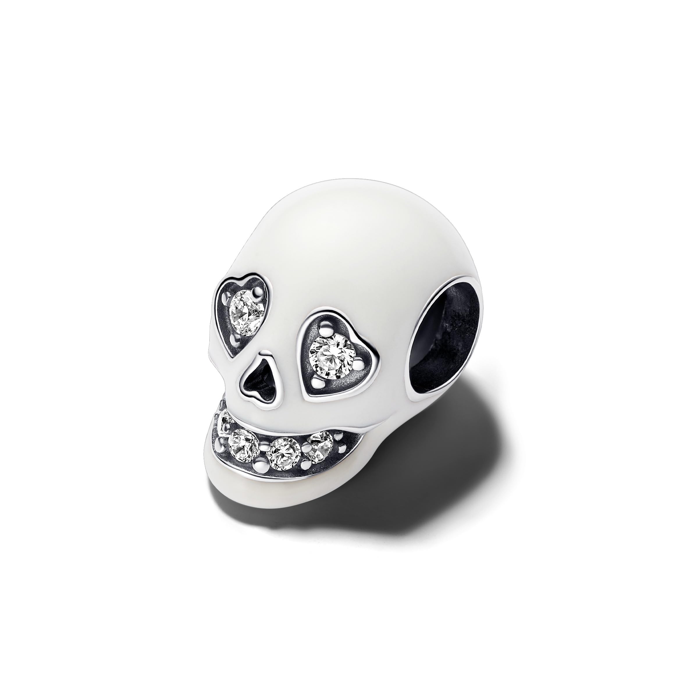 PANDORA Ciondolo in argento Sterling Moments a forma di teschio con zirconia cubica trasparente e smalto bianco che si illumina al buio