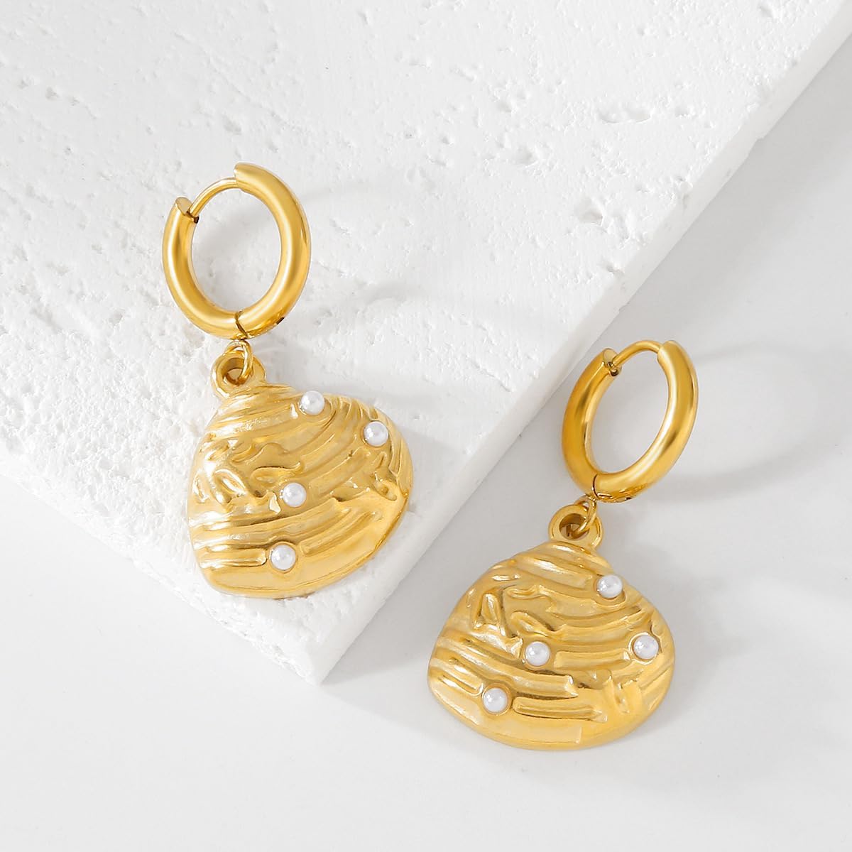 Seashell Earrings for Women, Huggie Hoop Earrings,18k Gold Plated Stainless Steel Small Boho Beach Pearl Shell Dangle Drop Earrings Necklace Handmade Hypoallergenic Jewelry Gift - Image 4