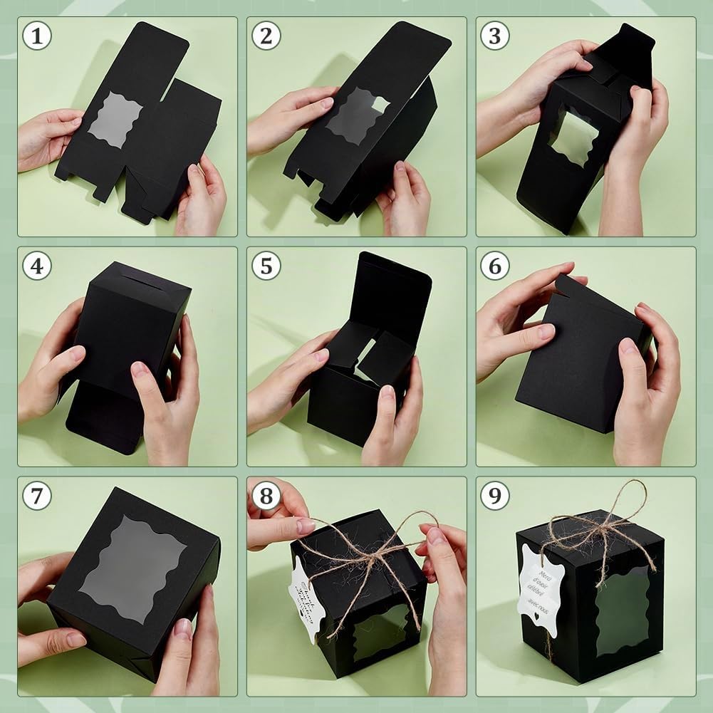 PH PandaHall 100 Lot de Boîtes Cadeaux pour Bougies Boîtes en Papier Noir Rectangulaires de 8.5x8.5x10cm Boîte avec Fenêtre Transparente Étiquettes et Cordons pour 10oz Bougie Pot Fête