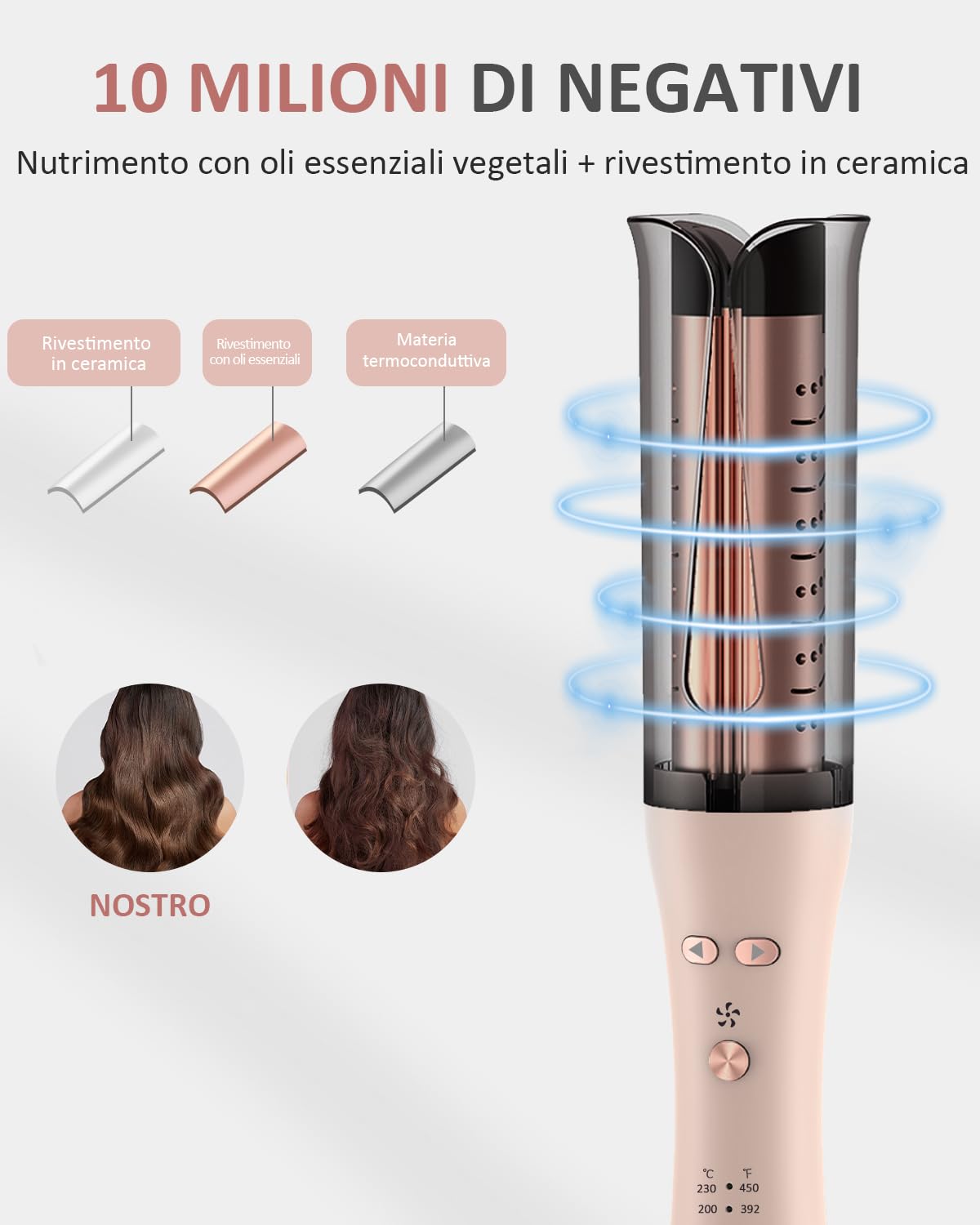 Ferro Arricciacapelli Automatico, Bacchetta Rotante in Ceramica Antiscottatura, Sterzo Regolabile Spegnimento Automatico di 30 minuti, 4 Temperatura Regolabile Capelli Arricciacapelli Automatico