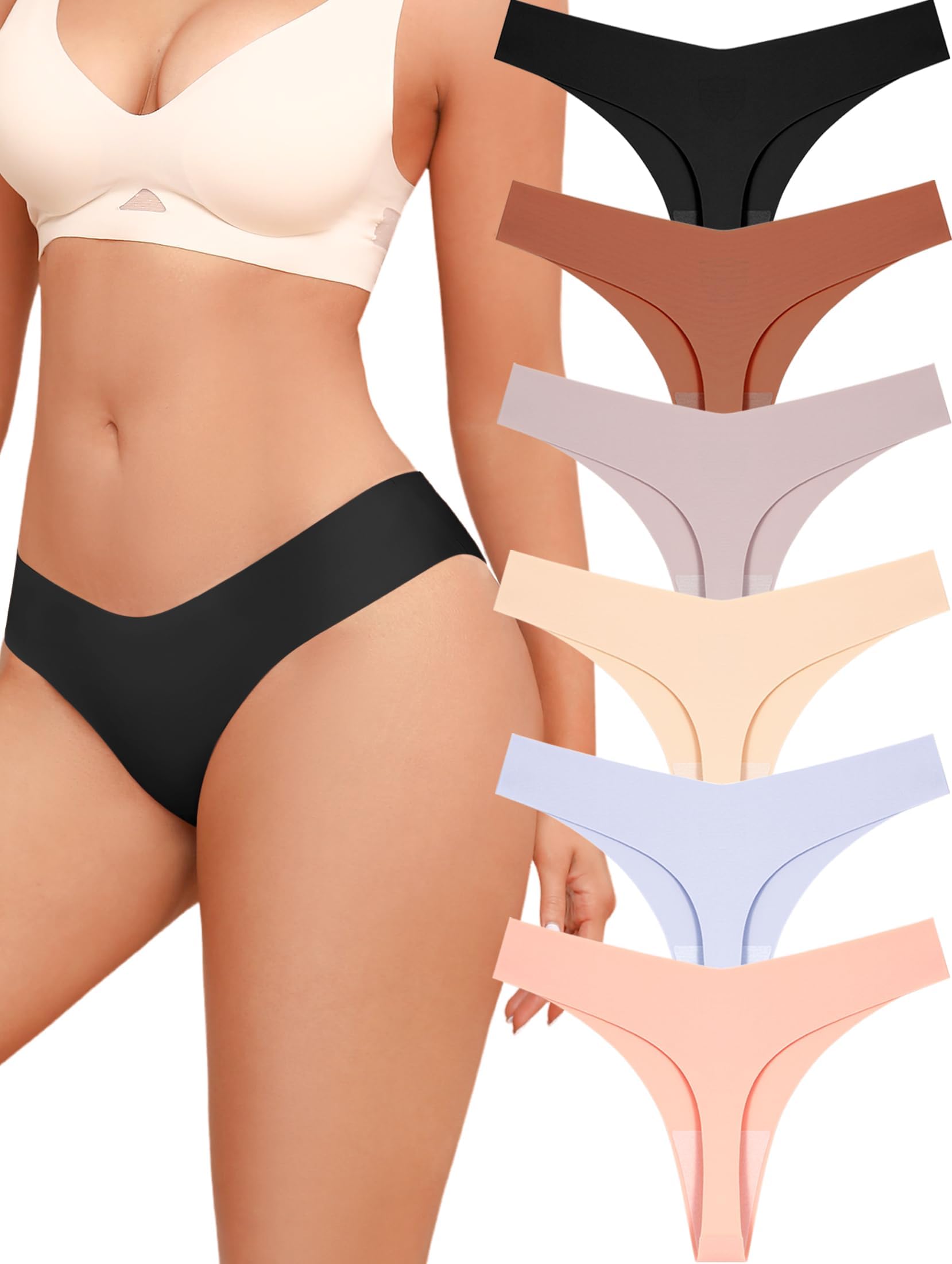 Seamless Thongs for Women No Show V-waisted Invisible Sexy Panties Tangas Thong Underwear Women 6 Pack