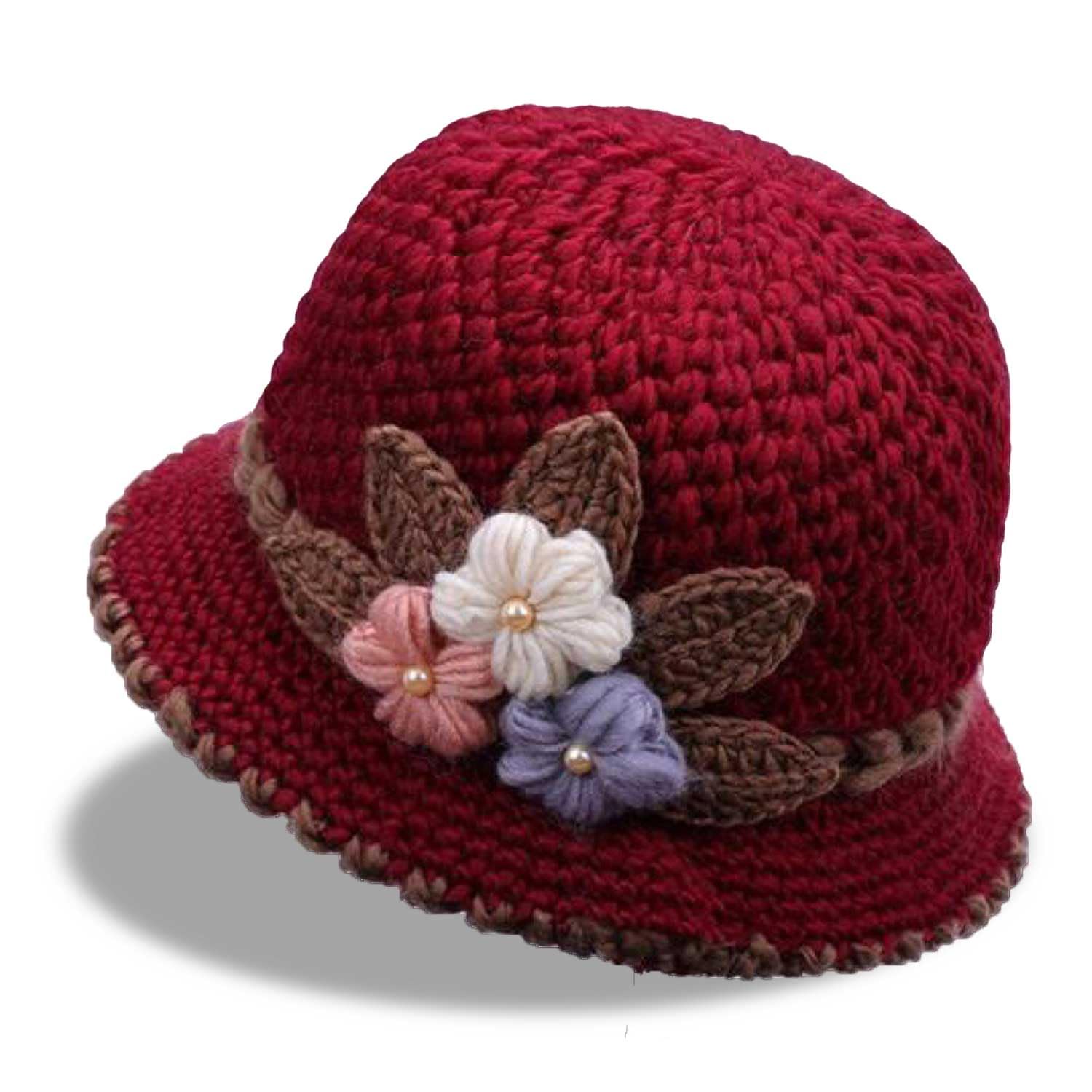 RUVE French Thicken Women's Flowers Knitted Woolen Hat, Lady Knitted Crochet Beanie Hat with Flower for Winter Warm Windproof